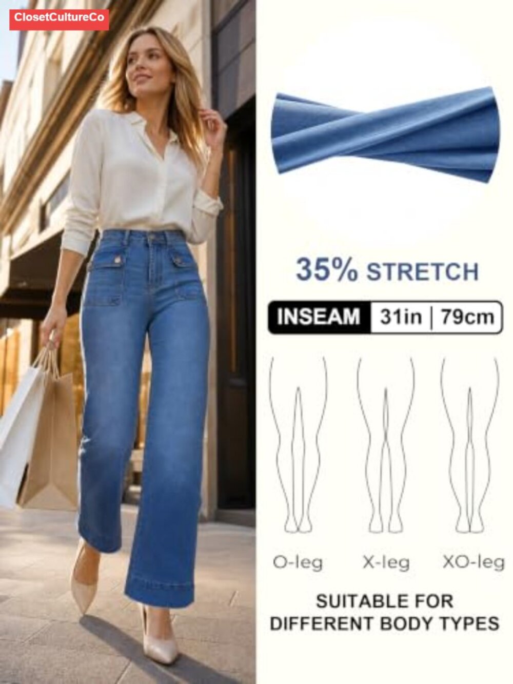Wide Leg High Waisted Stretchy Cargo Jeans Baggy Denim Pants for Women - Picture 3 of 6